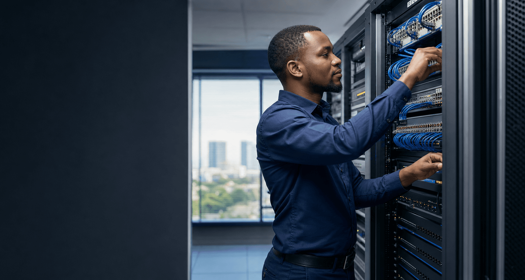 Aliko Solutions network technician working in a modern server room